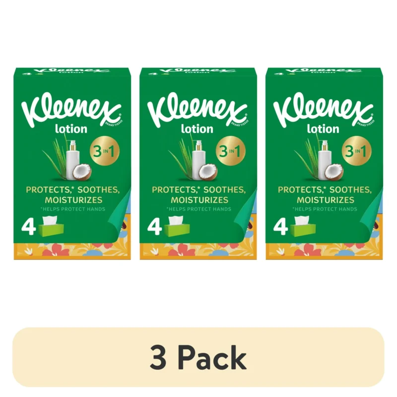 (3 pack) Kleenex Lotion Facial Tissues with Coconut Oil, 4 Flat Boxes, 120 Tissues Per Box, 3-Ply